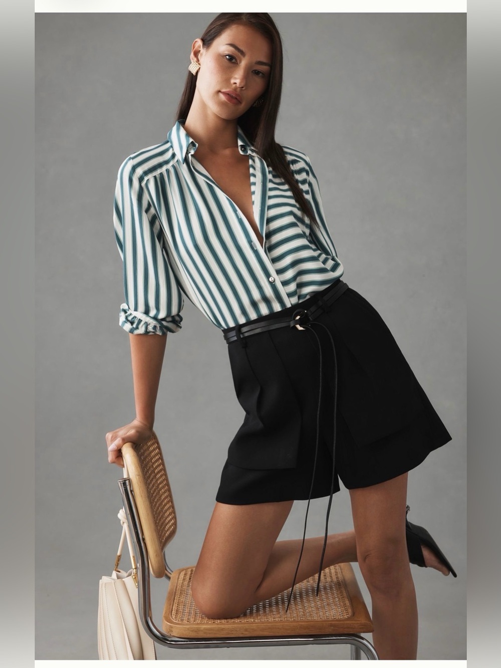Maeve Anthropologie Silky Striped Button down Shirt Green Pattern - Picture 1 of 7
